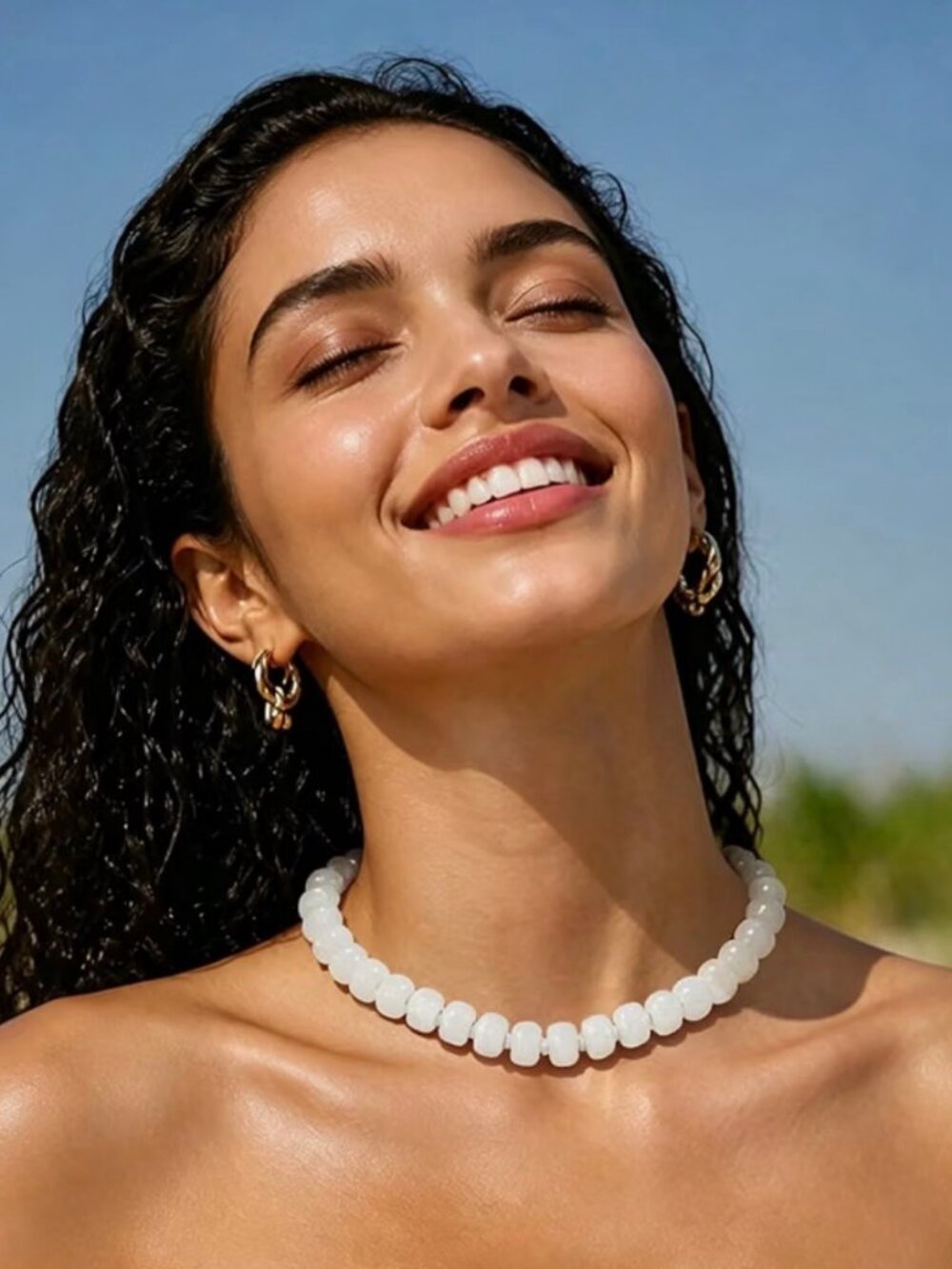 White Beaded Choker Necklace with Gold Accents - Chunky Statement Necklace - New